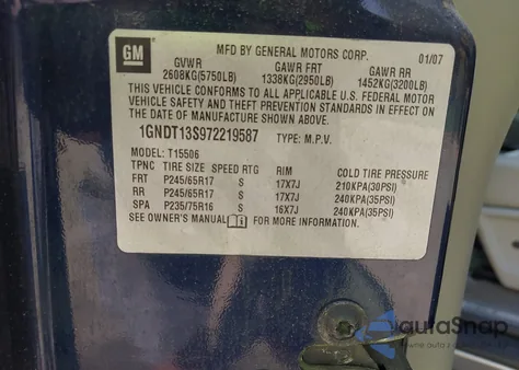 2007 Chevrolet Trailblazer Lt from USA, damaged, VIN 1GNDT13S972219587